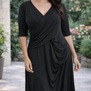 Boden Black Wrap Style Midi Dress Ruched Waist V Neck Short Sleeve‎ Stretch EUC